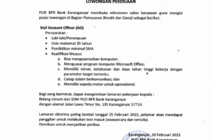 Lowongan Pekerjaan Bulan Februari 2023 PUD BPR Bank Karanganyar