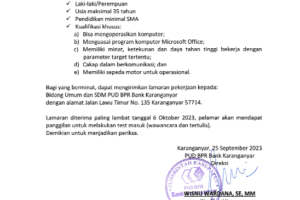 Lowongan Pekerjaan PUD BPR Bank Karanganyar 2023 (Oktober)